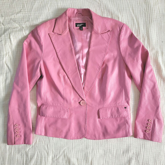 Vintage Black Rivet Womens L Bubblegum Pink Leather Jacket Collared Blazer - Picture 1 of 9